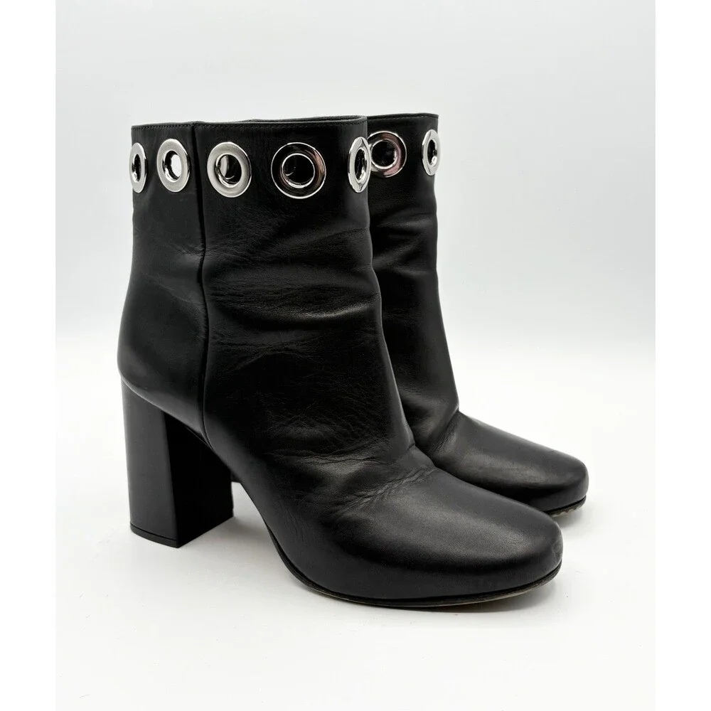Prada Black Leather Block Heel Ankle Boots Silver Grommet Accent Sz EU 36